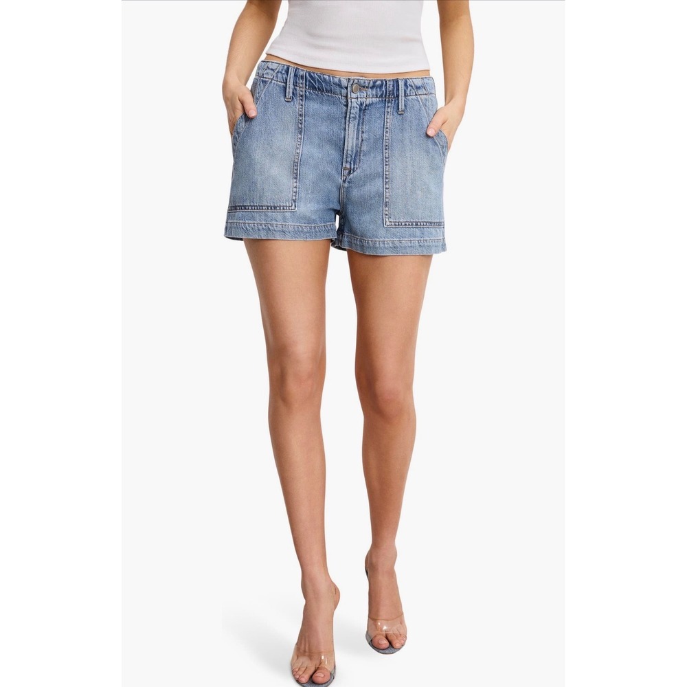 Good American Lite Linen Denim Shorts Indigo Blue Size 14 32 NEW